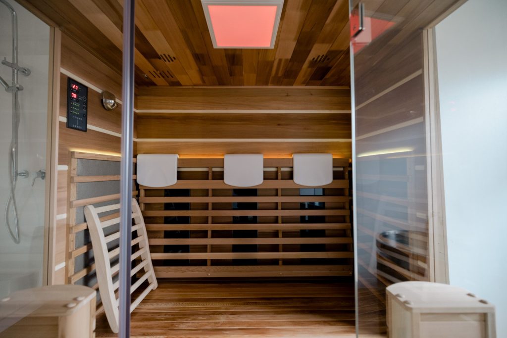 Timber infrared sauna with glass door